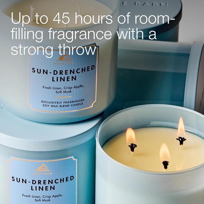 Bath & Body Works Sun-Drenched Linen 3-Wick Candle - Scented Candle for At-Home Use - Long-Lasting, Room-Filling Fragrance - High Fragrance Oil Concentration - Soy Wax Blend