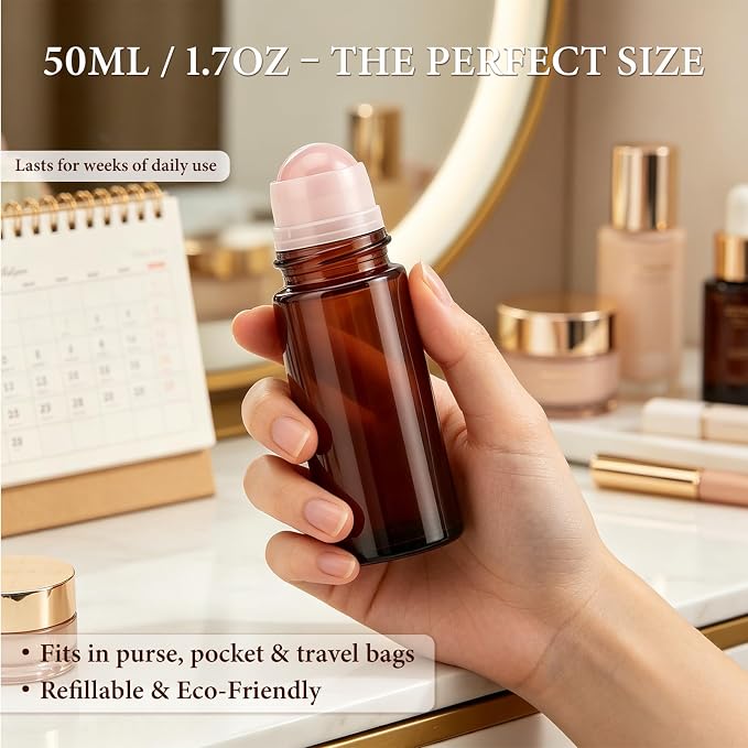 2 Pcs Rose Quartz Roller Bottles, 50ml Refillable Roll On Bottles with Natural Crystal Roller Balls, Quartz Roller Ball Glass Bottle for Oils, Leak-Proof Travel Kit