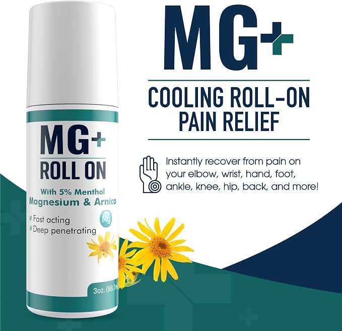 MARS WELLNESS MG+ Cooling Roll on Pain Relief (3 oz) – Fast Acting Arnica Roll on 5% Menthol Magnesium & Arnica – Penetrating Menthol RollOn Topical Pain Relief, Aches, Sore Muscle Pain