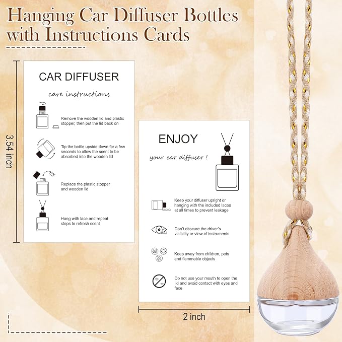 Boao 50 Sets Hanging Car Air Freshener Diffuser Bottles with 2 x 3.54 Inch Car Diffuser Instructions Cards for Empty Essential Oil Bottles(White Card,Water Droplet)