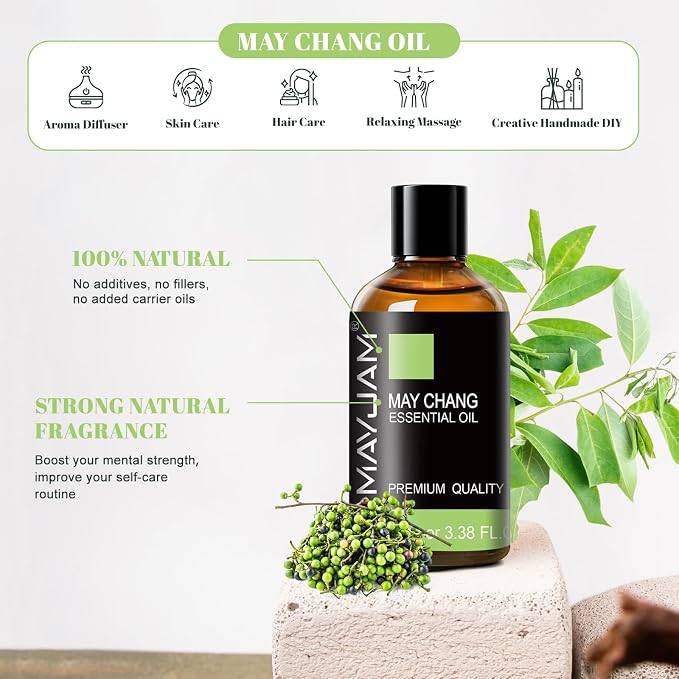 MAYJAM May Chang (Litsea Cubeba) Essential Oils 3.38 FL.OZ Pure May Chang Oil for Massage Skin Care Hair Care Diffuser Candle and Soap Making - 100ml