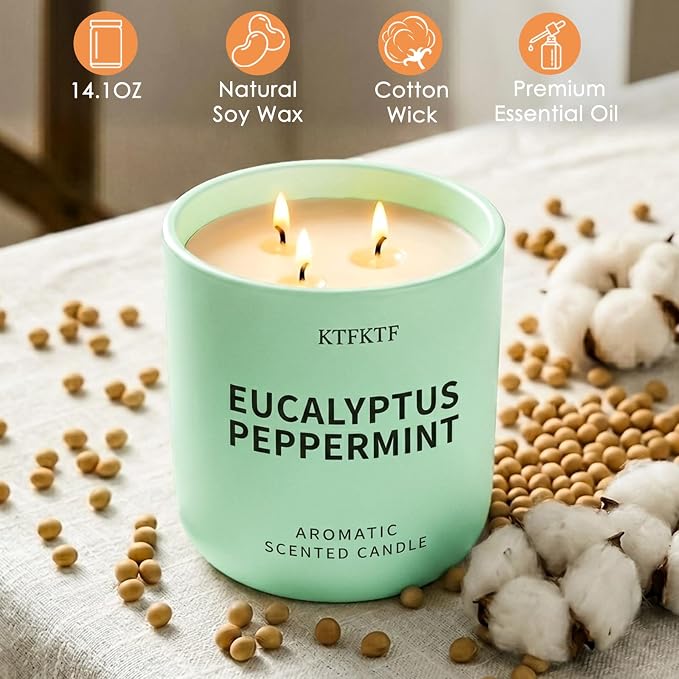 Eucalyptus Peppermint Scented Candle for Home, 14.1oz 80 Hours Long Lasting Aromatherapy Candles for Stress Relief & Energy, Non-Toxic Essential Oil & Soy Wax | Cooling Mint & Woody Aroma