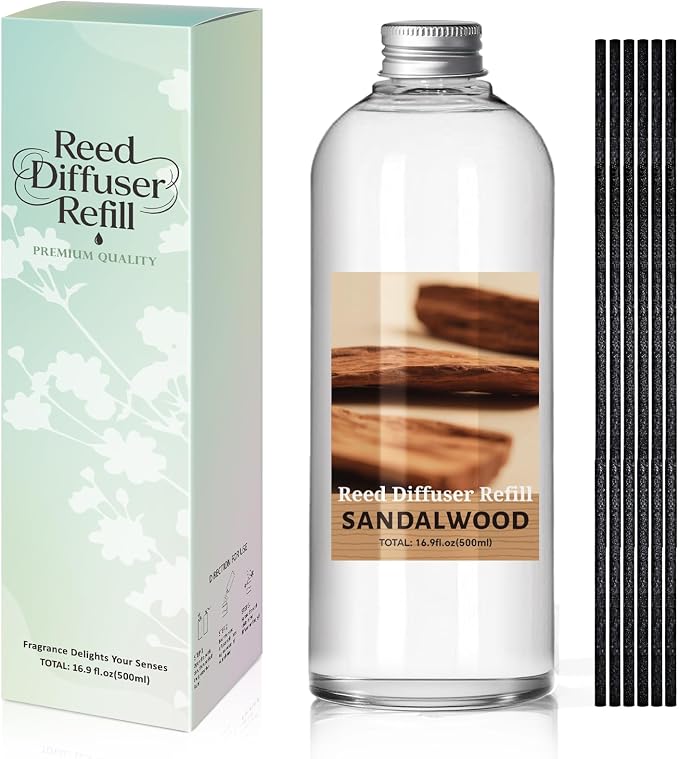 SCENTORINI Reed Diffuser Oil Refill, 16.9oz Sandalwood Scented Essential Oil with 6 Sticks, Long Lasting Summer Home Fragrance for Large Space Bathroom, Spa Room Aromatherapy, Hotel, Office Decor