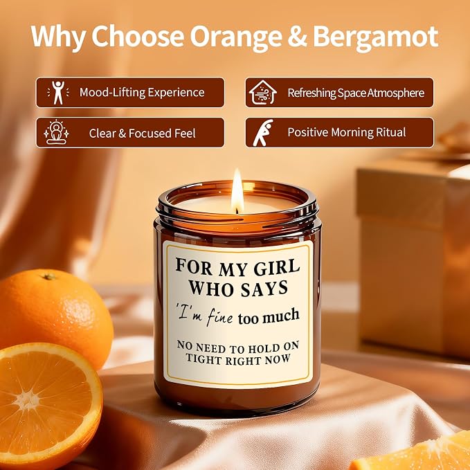 I'm Fine Too Much Candle for Women | Orange Scented Soy Candle, 7oz Handmade Candle, Encouragement Gift for Friends, 50 Hours Burn Time, Aromatherapy Candle for Self Care - Friendship Gifts for Women