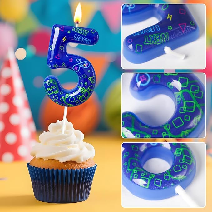 Number 5 Birthday Candle for Cake – Blue Gaming Theme Number Candle with “Next Level” Design, Video Game Style Cake Topper for Anniversary & Celebration