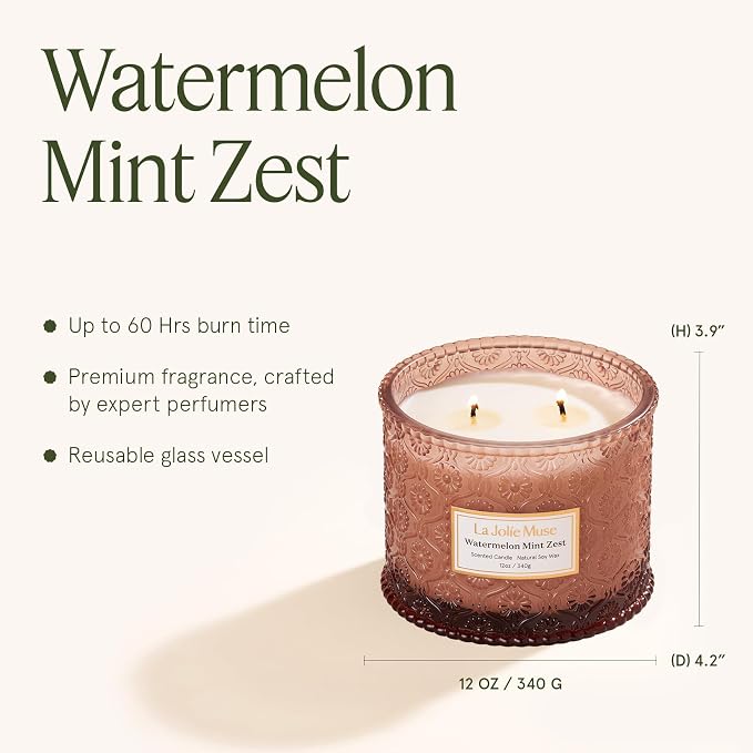 LA JOLIE MUSE Watermelon Mint Scented Candles for Home, Natural Soy 2-Wick | Large Jar Luxury Candle, Clean Non Toxic Wax, Decorative Candles, Fresh Summer Pretty Candles, Gifts for Women & Men,12 oz