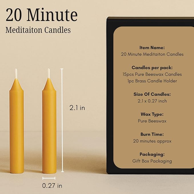 Australian Made 20 Minute Pure Beeswax Mini Meditation Candles, Non Toxic Beeswax Meditation Candle Set with Brass Holder for Intention Setting, Stress Relief, and Daily Meditaiton Mindful Moments