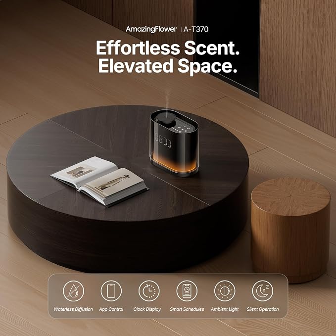 Smart Waterless Essential Oil Diffuser with 4 Hotel‑Inspired Oils | Touch & App Control, Light, Clock & Schedule – Plug‑in Air Scent Diffuser Starter Kit for Home Office, Glossy Black