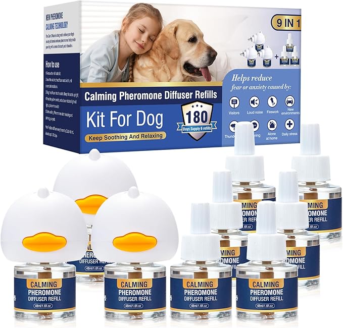 Dog Pheromones Calming Diffuser Kit Appeasing Pheromone Diffuser to Calm (3 Plug in+ 6 Pack 48ml Refill) for Anxiety Relieve Relief Reduce Aggression Fighting Barking Stress 180 Day Supply (Lemon)