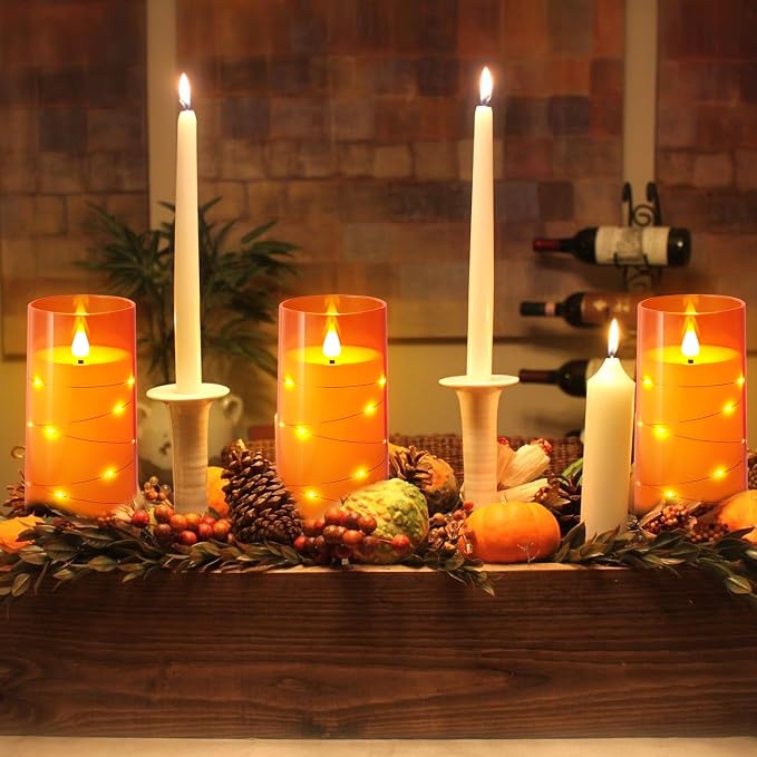NURADA 3"x6"Flickering Flameless Candles: Built-in Star String Lights 3D Wick Battery Operated LED Pillar Candles with Remote and Timer for Halloween Thanksgiving Dinner Tables Home Fall Decor Orange