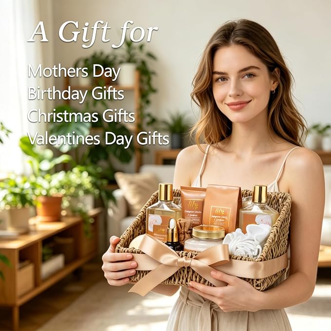 Gifts for Women, Birthday Gift - Vanilla Spa Gift Basket for Women, Mothers Day Gift Basket for Mom, Bath and Body Gift Basket Set, Spa Kit | Gifts for Christmas, Valentines Day Gift Sets for Her