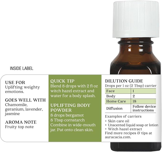 Aura Cacia Bergamot Essential Oil, 100% Pure Citrus Bergamia Oil - Refreshing Aromatherapy for Diffusers, Room Sprays, Skincare, Custom Blends | 0.5 Fl Oz (Pack of 1)