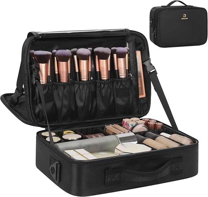 Relavel Makeup Bag Train Case for Women Travel Cosmetic Organizer with Adjustable Dividers and Brush Compartment, Large Storage Box for Cosmetics, Toiletries, Nail Polish, Jewelry, Electronic (Black)