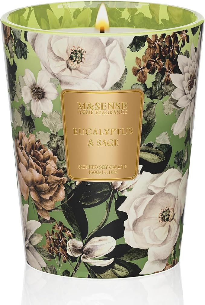M&SENSE Eucalyptus Sage Soy Candle, 14.1oz 60H Slow Burning, Aromatherapy Candle for Sleep Support Home Fragrance Housewarming Gifts
