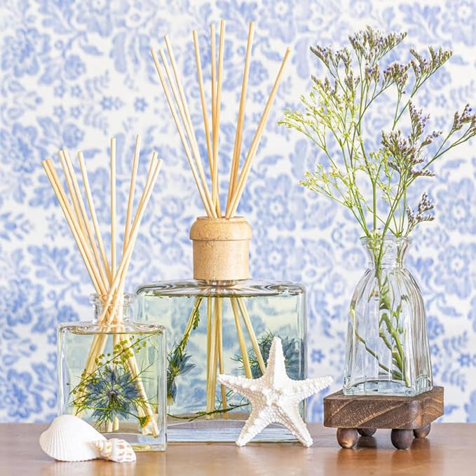 Rosy Rings Sea Salt Mist Accent Diffuser, Single Piece, 4 oz Last 4-6 Months Small Glass Reed with Floral Embedded Flowers Coastal Aroma, Bathroom Bedroom Livingroom Spa Decor Luxury Gift
