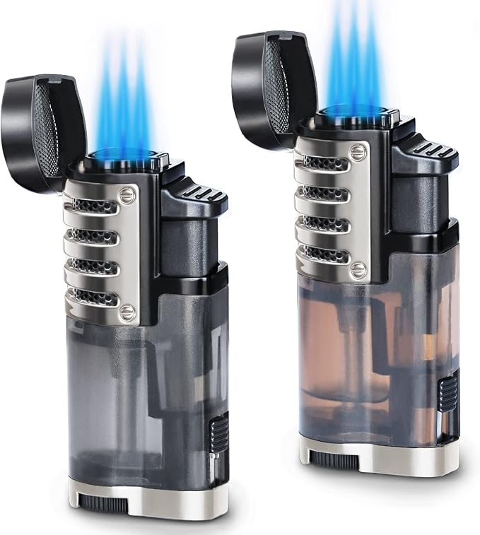 Zoocura Torch Lighter 2 Pack Triple Jet Flame Butane Torch Lighters Refillable Butane Gas Lighters Windproof Adjustable 3 Flame Lighter for Christmas (Without Gas)
