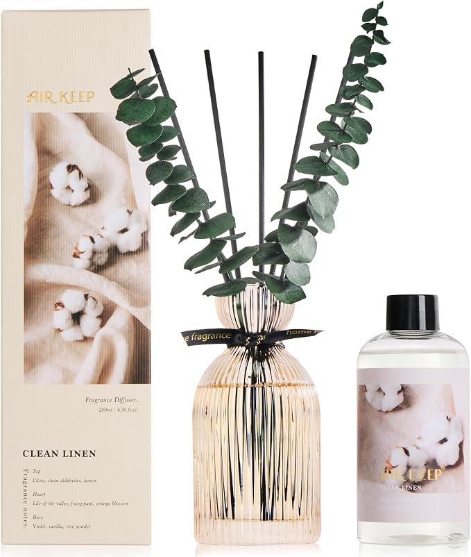 Airkeep Reed Diffuser Set 6.76 oz – Clean Linen Decorative Home Fragrance with Eucalyptus Sticks, Ribbed Glass Diffuser for Bathroom & Bedroom Décor, Gift Ready