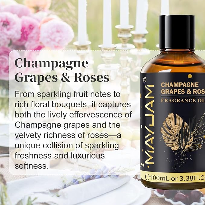 Champagne Grapes & Roses Fragrance Oil, MAYJAM 3.38FL.OZ Essential Oils for Diffusers for Home, Long Lasting Scented Oils for Soap Candle Making - 100ML