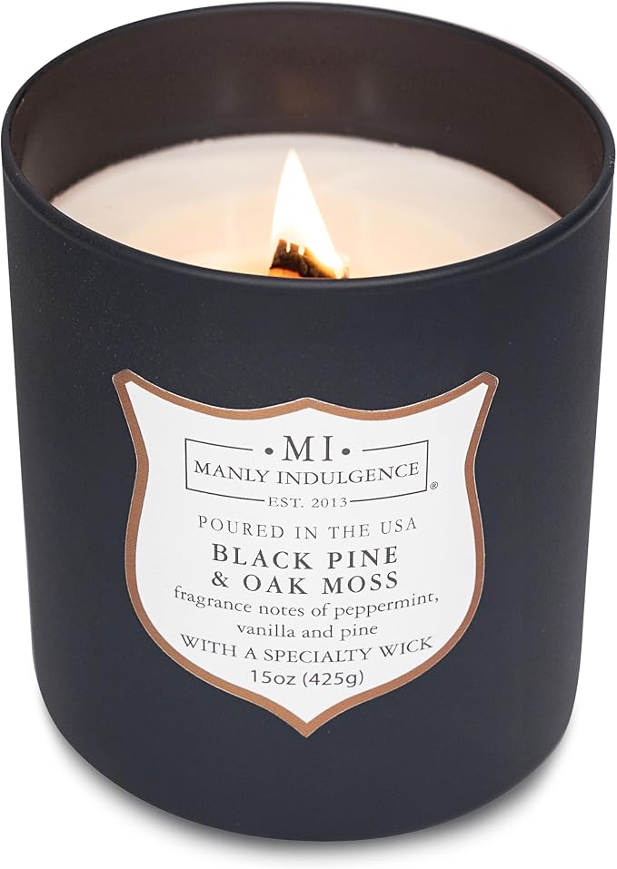 Manly Indulgence Black Pine Oakmoss Scented Candles for Men, 15 oz Wooden Wick, Premium Soy Blend Wax, 60H Burn, Candles for Home Scented - Made in The USA
