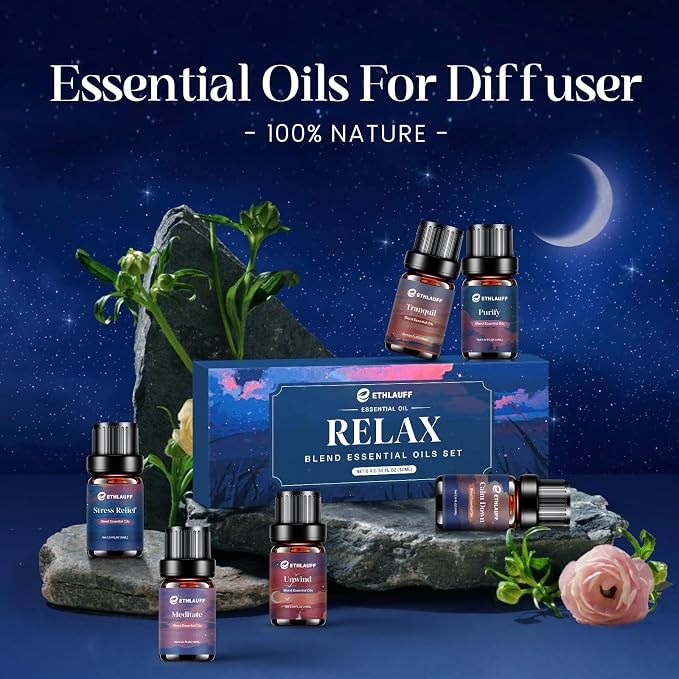 Relax Eessential Oils Set, Diffuser Oil for Home, Humidifiers, Candle Making, Aromatherapy - Stress Relief, Calm Down, Tranquil, Meditate, Unwind, Purify, 6x10ml