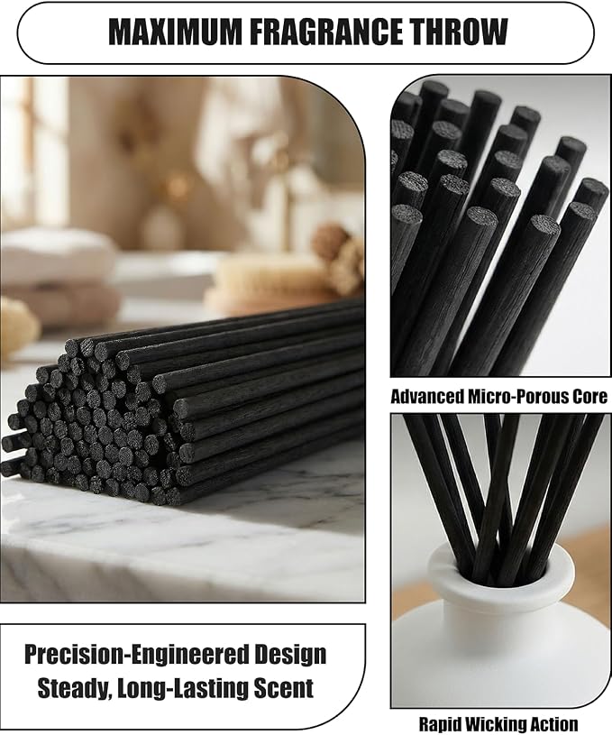 250 Pcs Reed Diffuser Sticks, 10 Inch Black Fibre Diffuser Reeds (3mm), Essential Oil Diffuser Refill Sticks for Home Office Spa & Fragrance