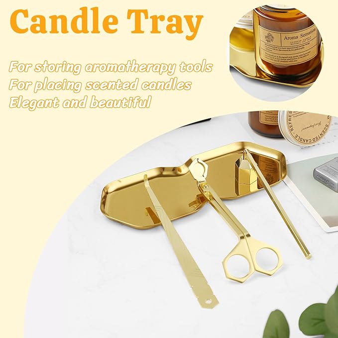 Premium 4 in 1 Candle Accessory Set - Candle Wick Trimmer, Snuffer, Wick Dipper and Tray, Care Kit for Candle Lover, Perfectly Trimmed Wicks (Gold)