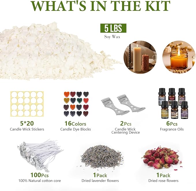 FUHITIM Soy Candle Wax Kit for Candle Making 5 lbs Bag, Premium Natural Soy Wax Flakes, No additives and Pure, 100 Cotton Candle Wicks, Fragrance Oils, Dried Flowers & Pigment Colors