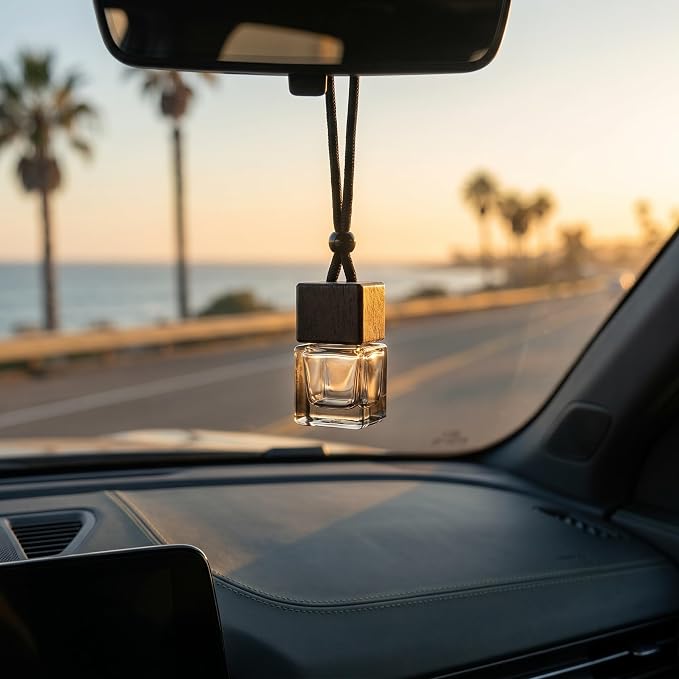 4Pcs Hanging Car Air Freshener Empty Diffuser Bottles, Black Glass Essential Oil Perfume Pendant for Auto Home Office Decoration