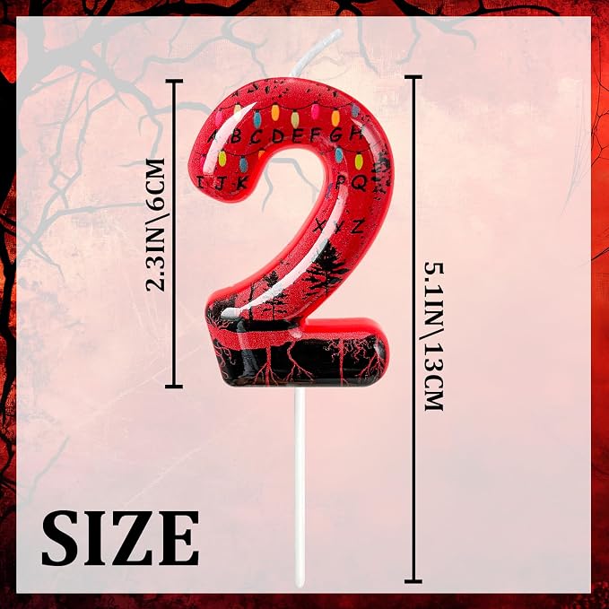 Red Number 2 Birthday Candle for Cake – Dark Horror Style with Alphabet Print & Shadow Design – Unique Cake Topper for Birthday, Anniversary, Themed Party Decoration