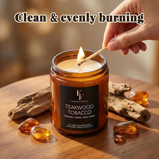 Teakwook Tobacco Scented Candle for Home Soy Wax Candle, Aromatherapy Candle Gift for Women Men, 7oz