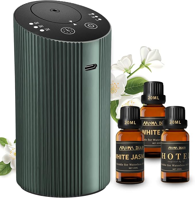 Waterless Essential Oil Diffuser Starter Kit with 3 x 20mL Essential Oil, Rechargeable Scent Diffuser for Home Car Bathroom, 3 Mist & 4 Timer, Portable Small Aromatherapy Diffuser Machine, DarkGreen