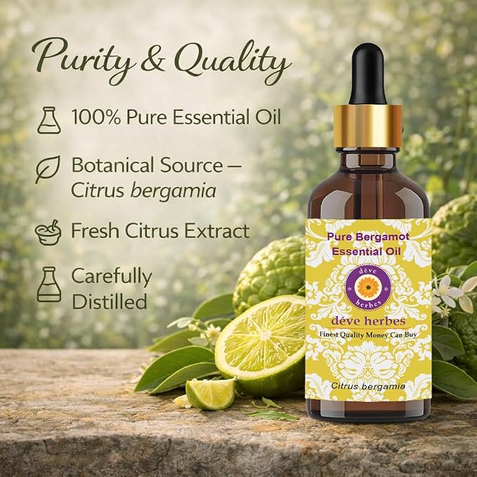 Deve Herbes Pure Bergamot Essential Oil (Citrus bergamia) Premium Therapeutic Grade Steam Distilled for Personal Care 300ml (10 oz)