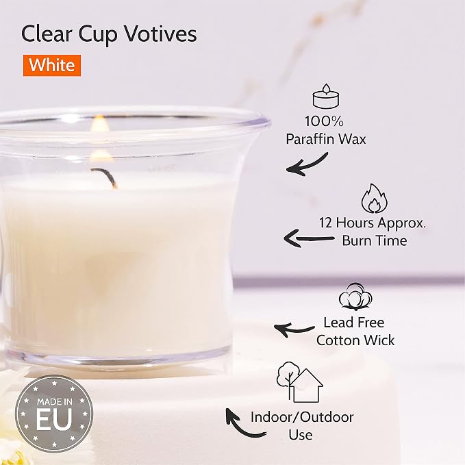 HYOOLA Clear Cup Scented Votive Candles - White - 12 Hour Burn Time - 4 Pack - European Made