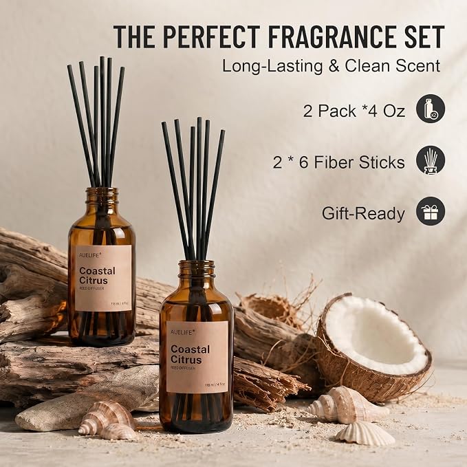 Auelife Reed Diffuser Set, Coastal Citrus 2 Pack 8 Fl Oz Scented Diffuser with Fiber Sticks, Home Fragrance Reed Diffuser for Bathroom Shelf Decor, Bedroom, Office & Housewarming Gift