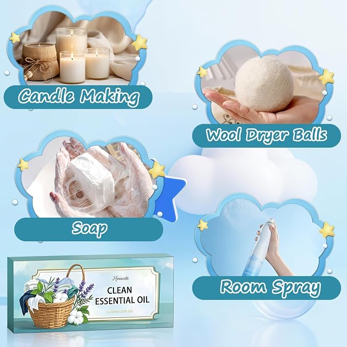 Laundry Essential Oils Set, Diffusers Oils for Home, Clean Fragrance Scents Blends for Humidifiers, Candle Soap Making, Including Clean Home,Blossom Soap,Lavender,Fresh Linen,Fresh Cotton,Lemongrass