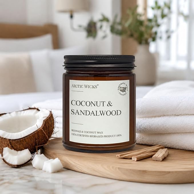 Arctic Wicks Scented Coconut Beeswax Candles | Coconut Beeswax Non Toxic Candle 9oz Amber | Farmhouse Candles Non-Toxic Clean Burn 100% USDA Certified Biobased (Coconut & Sandalwood)