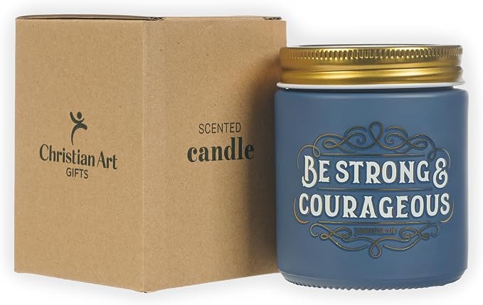 Christian Art Gifts Soy Wax Scented Candle: Strong & Courageous Bible Verse, Fireside Blue Spruce Scent, Pure Essential Oils, 4.5oz, Up to 20 Hours Burn Time, Glass Jar w/Metal Lid, Encouragement Gift