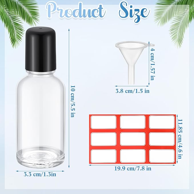 Sumind 24 Sets Clear 30ml Roller Glass Bottle Essential Oil with Stainless Steel Refillable Sample Container Brown Empty Roller Bottle Applicator with Funnel Sticker for Travel