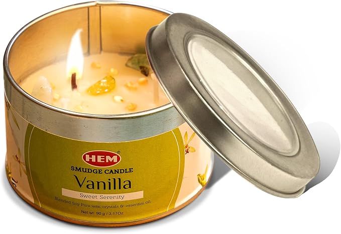 HEM Vanilla Crystal Candle – 90g (3.17 oz) | Long Burning 18-20 Hrs | Aromatherapy Candle for Meditation, Energy Cleansing & Relaxation | Natural Scented Wax – Pack of 1