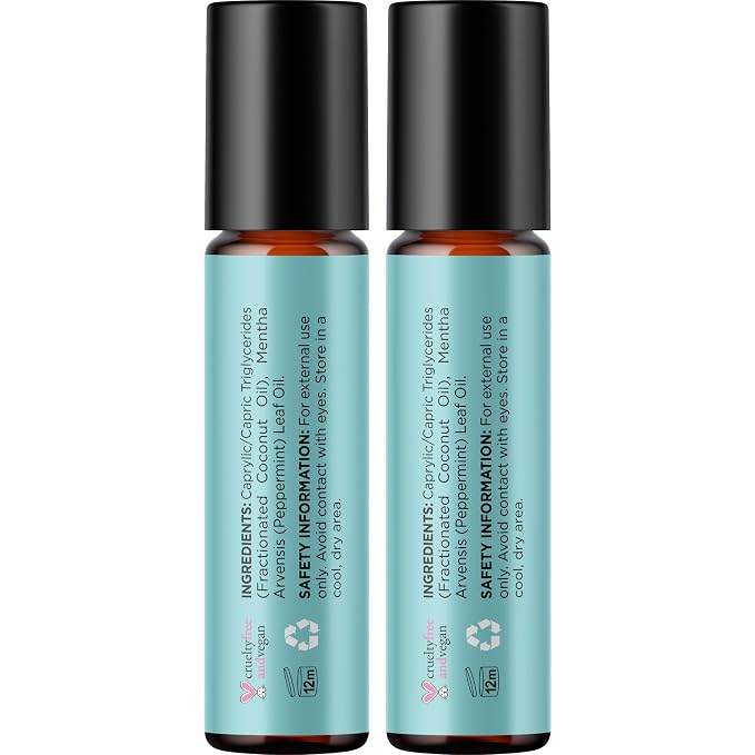 Peppermint Oil Roll on - Pure Peppermint Rollerball Essential Oil Aromatherapy Stick for Headaches - Natural Travel Essential and Pregnancy Must Have for Headaches Energy & Focus Support (2 Pack)