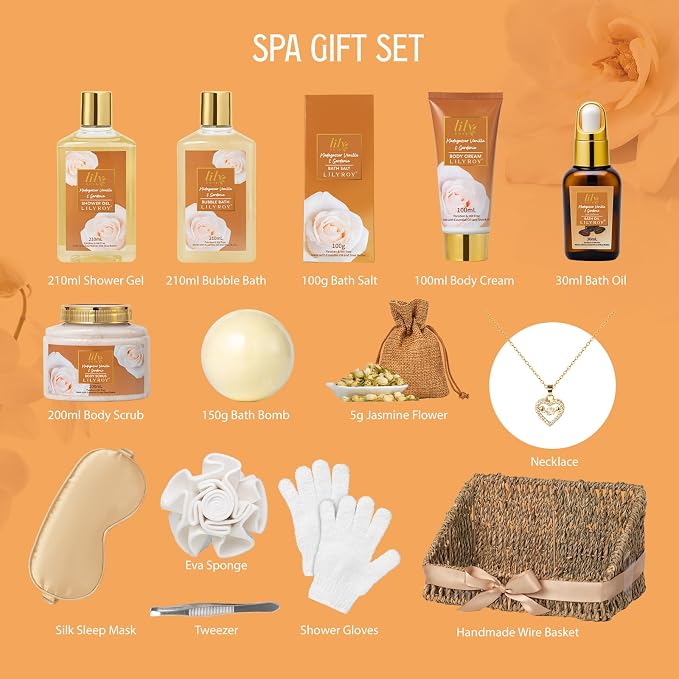 Gifts for Women, Birthday Gift - Vanilla Spa Gift Basket for Women, Mothers Day Gift Basket for Mom, Bath and Body Gift Basket Set, Spa Kit | Gifts for Christmas, Valentines Day Gift Sets for Her