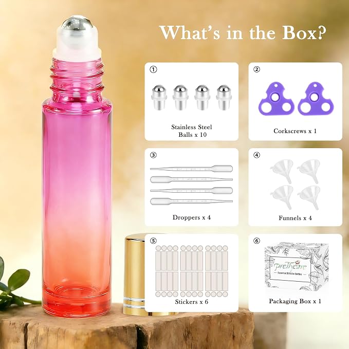 PrettyCare 24 Pack, 10 ml Essential Oil Roller Bottles with Stainless Steel Roller Ball - Refillable Leak-proof Empty Thick Red & Purple Glass Roll on Bottles with Golden Caps for Travel, Perfume
