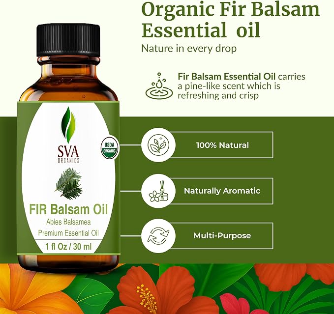 SVA Fir Balsam Essential Oil Organic – 1 Fl Oz – 100% Natural Organic Fir Oil - for Diffuser, Hair Care, Face, Skin Care, Aromatherapy, Scalp and Body Massage, Soap and Candle Making – with Dropper