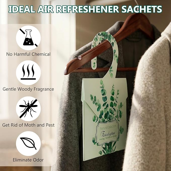 24 Pack Eucalyptus Sachet Bags for Drawers and Closets, Scented Sachets with 10 Hanging Bags Home Fragrance Refreshing Drawer Freshener, Shoes, Cars, Rest Room Deodorizer