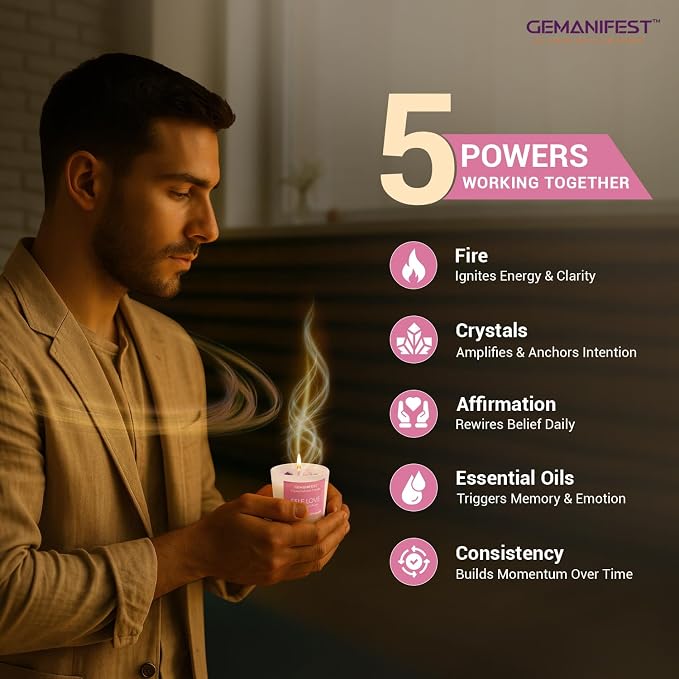 Self Love Manifestation Candle, Cherry Blossom & Magnolia Scented Soy Candle with Rose Quartz & Amethyst, Valentine's Gift for Her/Him, Women's Wellness & Spiritual Healing