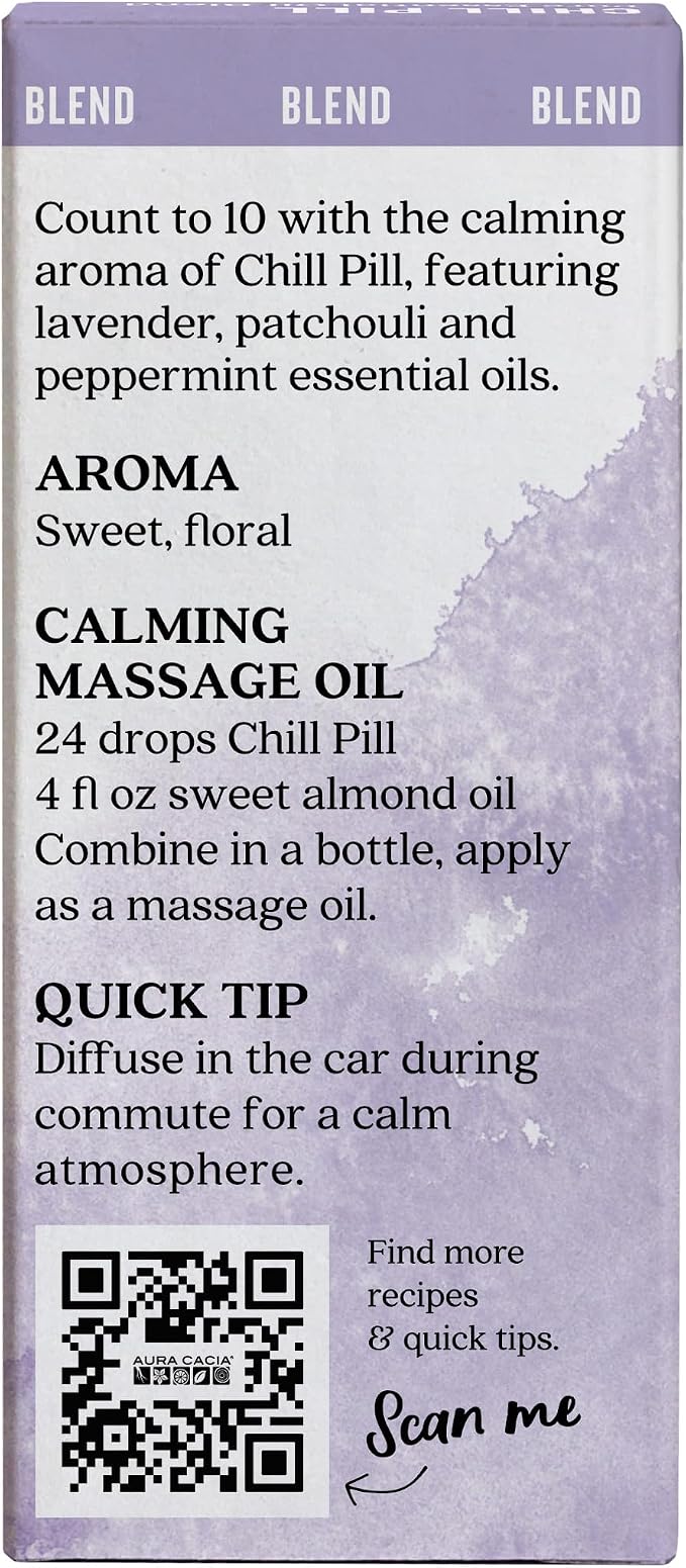 Aura Cacia Chill Pill Essential Oil Blend, 100% Pure Essential Oils - Aromatherapy for Diffusers, Relaxation, Massage | 0.5 Fl Oz (Pack of 1)