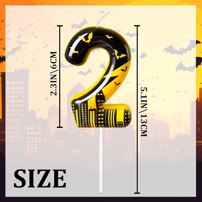 Black Yellow Number 2 Birthday Candle for Cake – Dark Night Hero Style with Bat & City Silhouette Design – Unique Cake Topper for Birthday, Anniversary, Themed Party Decoration
