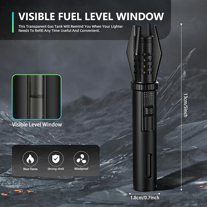 Mini Torch Lighter Straight Flame Bright Fire Small Refillable Butane Lighter Pocket Windproof Jet Flame with Visual Window for Survival Kitchen Camping Candles Fireplace BBQ Gift, 5" (Without Fuel)