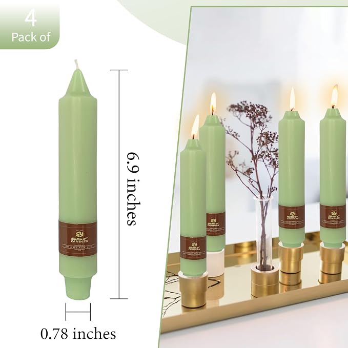 Unscented Taper Candles 7 in Small Candlesticks Light Green Candles 4 Pack for Dinner Household Wedding Party Home Décor