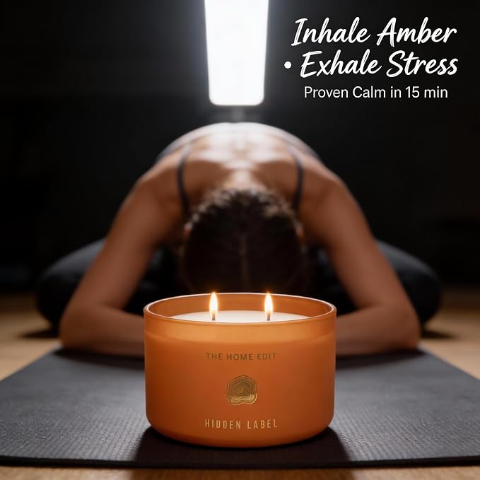 Hidden Label Teakwood Amber Soy Candle, 10oz 2-Wick, 45H Woody Warmth | Non-Toxic Phthalate-Free Vegan Wax | Earthy Amber Cedar Musk | Even Melt No Tunneling | Home Office Living Room Gift for Men